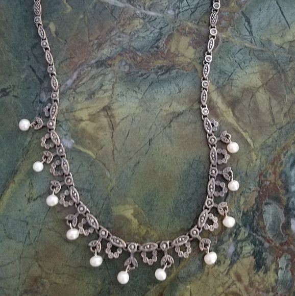 Unknown Jewelry - Sterling Silver Marcasite and pearl necklace
